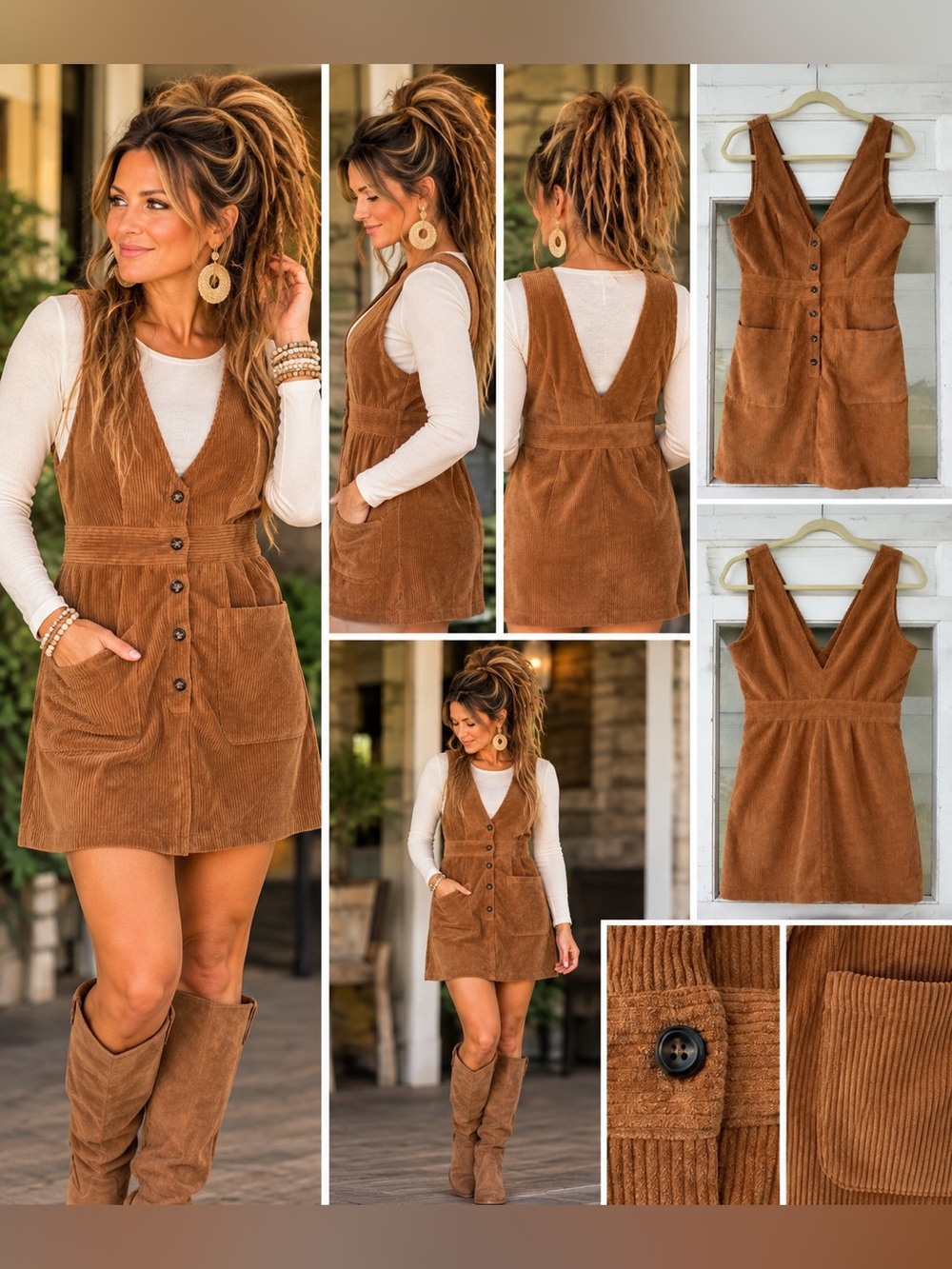 Corduroy Button-Front V-Neck Pinafore Dress - Brown